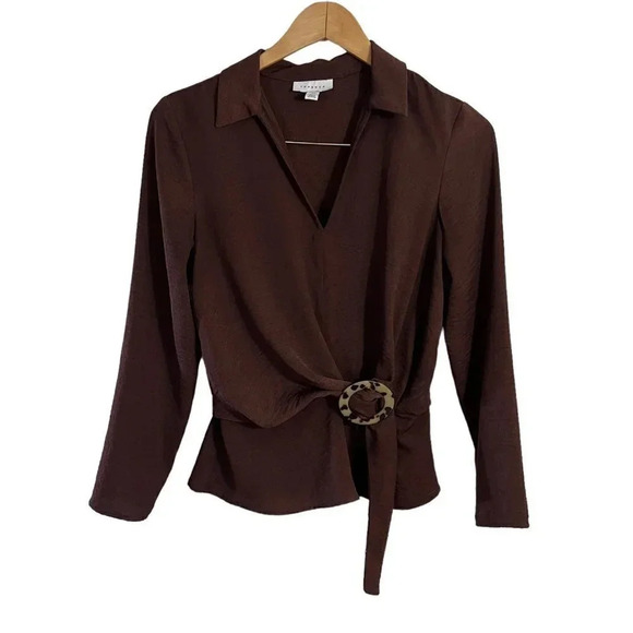 TopShop Chocolate Brown Draped Blouse Size 4 Plastic Circle Clasp Long Sleeves - Picture 1 of 5